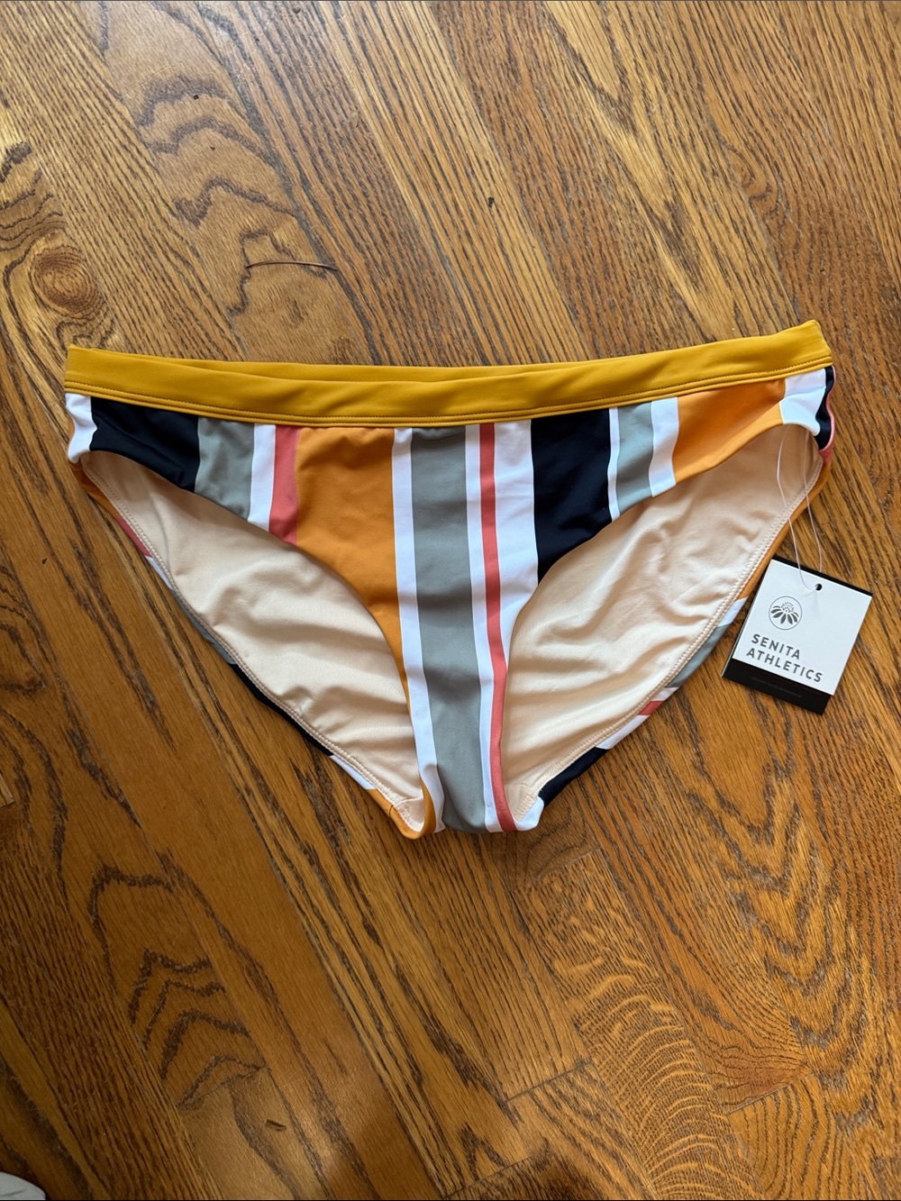 Senita Athletics Striped Bikini Bottom in Mustard, Black, White & Coral size L